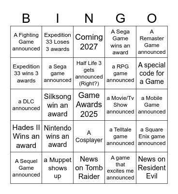 Game Awards 2025 Bingo Card