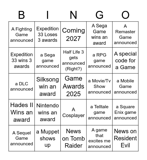 Game Awards 2025 Bingo Card