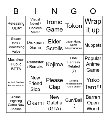 Game Awards Bingo Card