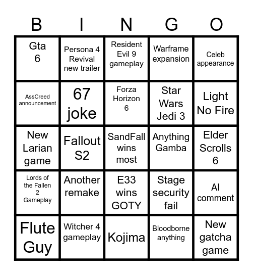 Game Awards 2025 Bingo Card