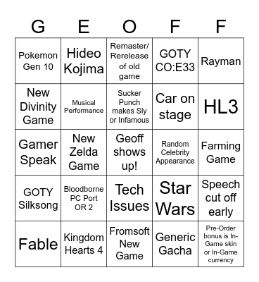 Game Awards DEC 26 Bingo Card