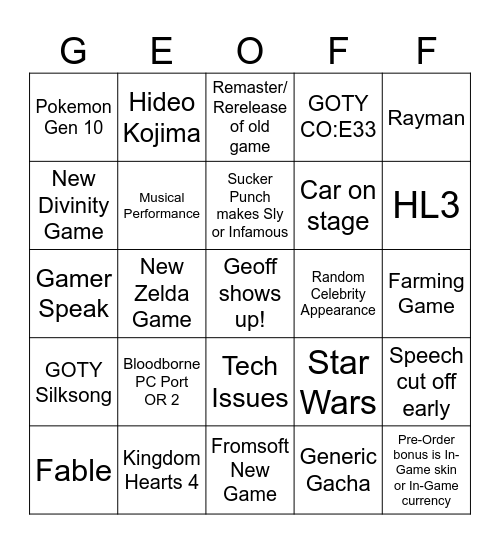 Game Awards DEC 26 Bingo Card