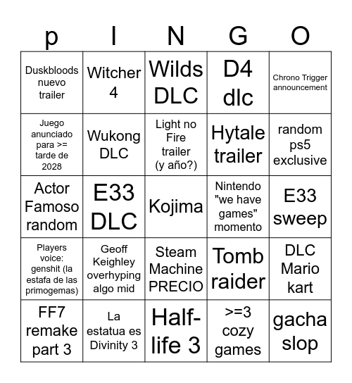 GAME AWARDS BINGOOO Bingo Card