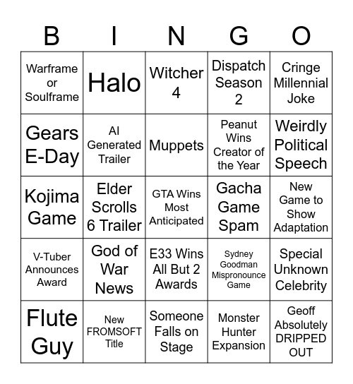 The Game Awards Bingo Card