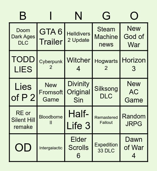 Game Awards Bingo Card