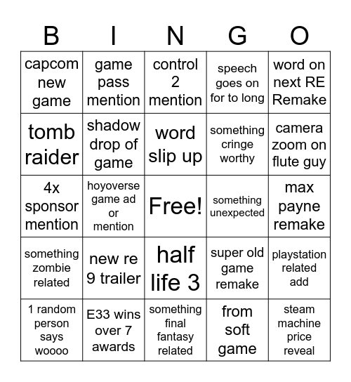Game Awards Bingo Card