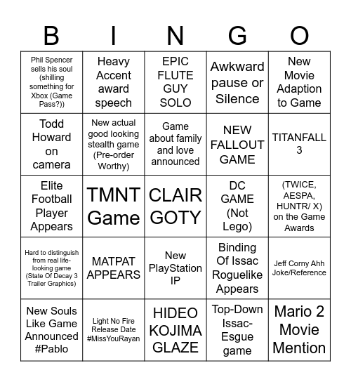 Game Awards Bingo Card