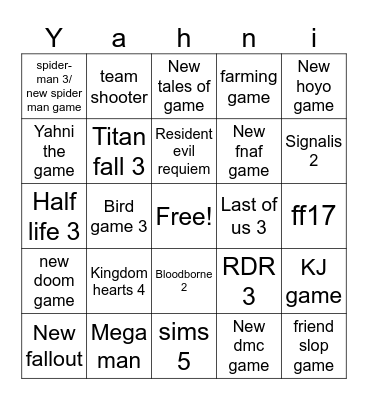 YahYah Bingo Card