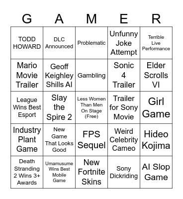 Game Awards Bingo Card