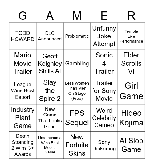 Game Awards Bingo Card