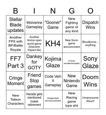 Game Awards 2025 Bingo Card