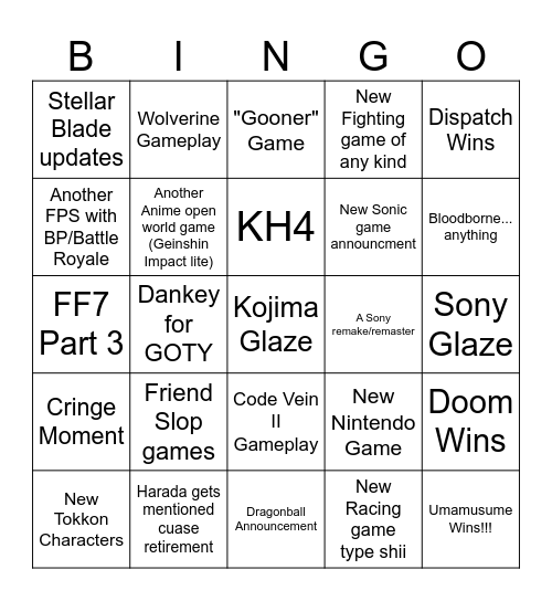 Game Awards 2025 Bingo Card