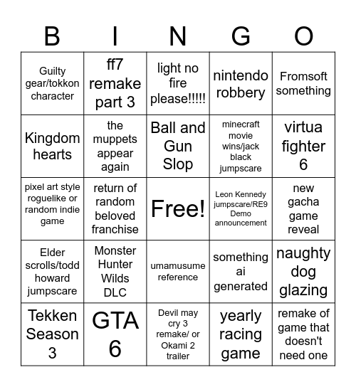 Game Awards 2025 Bingo Card