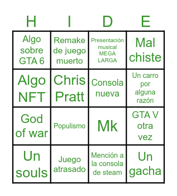 Bingo de los Game Awards Bingo Card