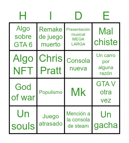 Bingo de los Game Awards Bingo Card