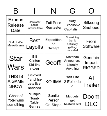 Game Awards 2025 Bingo Card