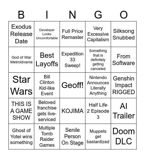 Game Awards 2025 Bingo Card