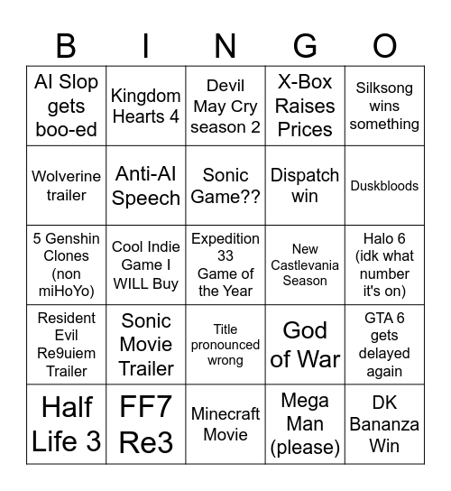 Game Awards 2025 Bingo Card