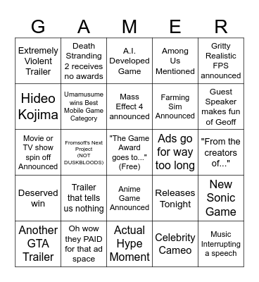 GAME AWARDS 2025 Bingo Card