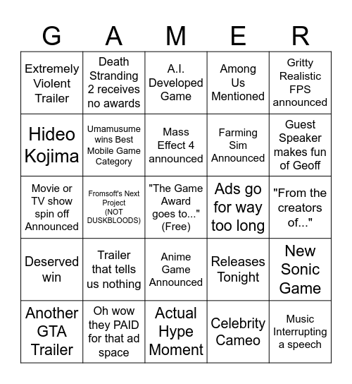 GAME AWARDS 2025 Bingo Card