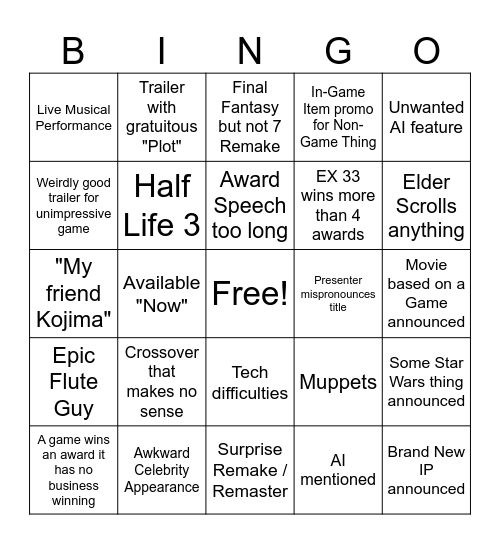 Mostly Game Awards 2025 Bingo Card