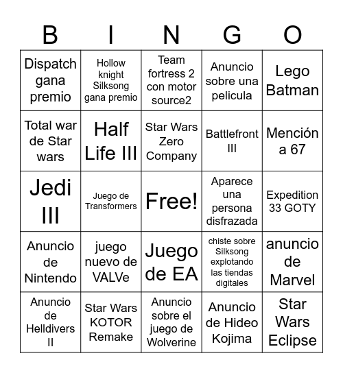 The Game awards Bingo Card