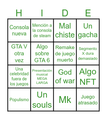 Bingo de los Game Awards Bingo Card