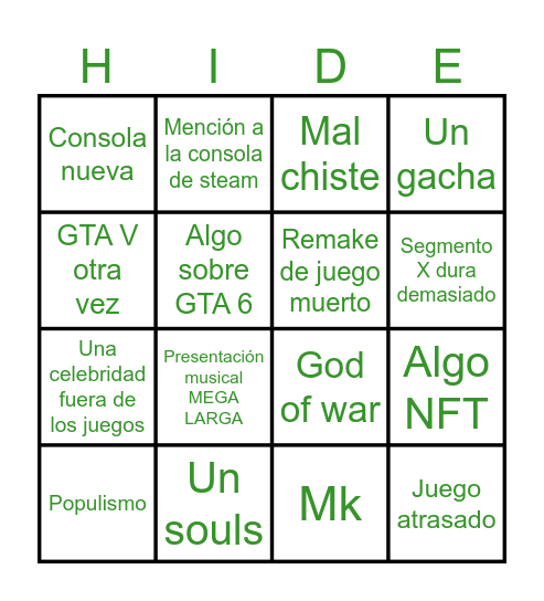 Bingo de los Game Awards Bingo Card