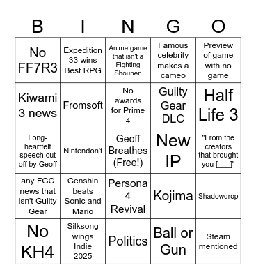 Game Awards Bingo Card