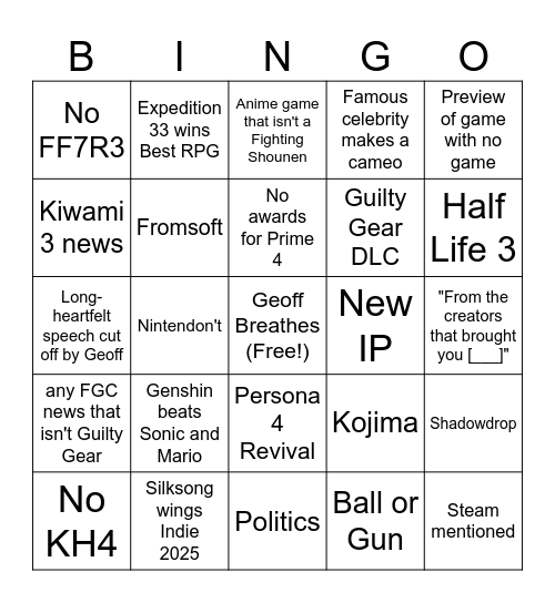 Game Awards Bingo Card