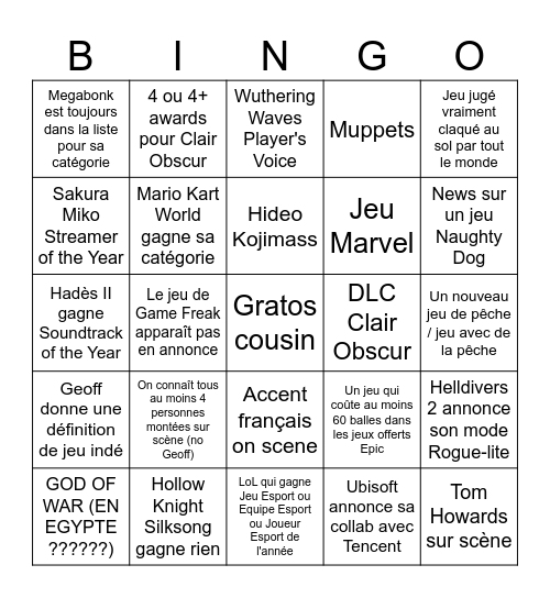 Game Awards Bingo Card