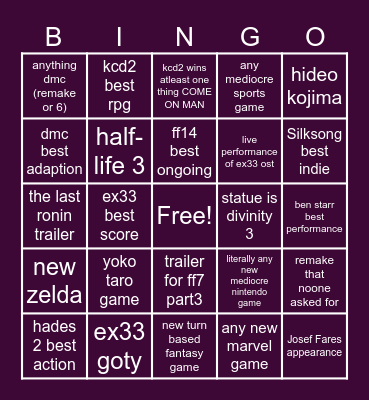 GOTY Bingo Card