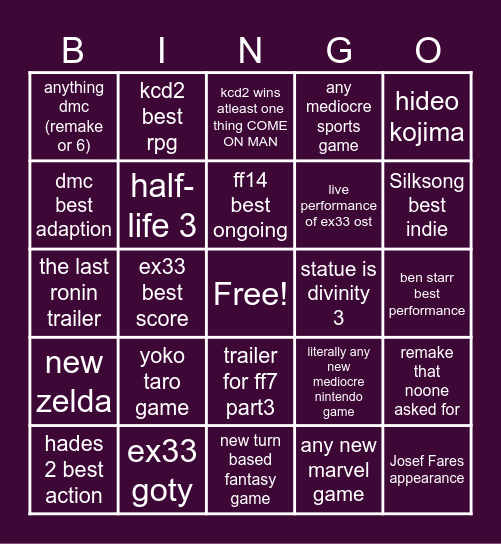 GOTY Bingo Card