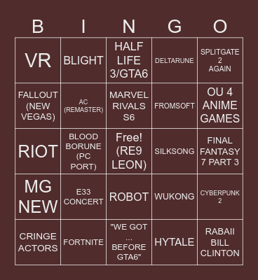 game awards Bingo Card