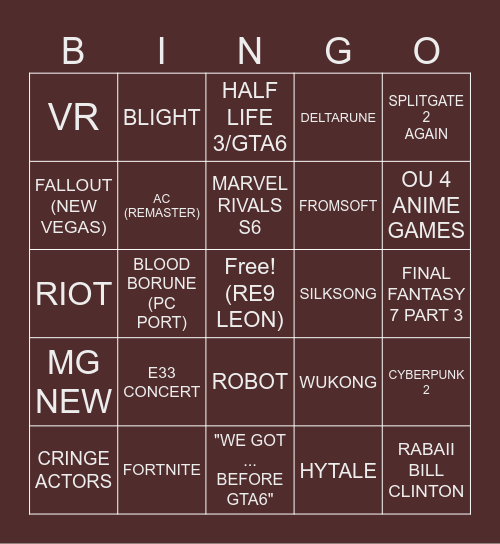 game awards Bingo Card