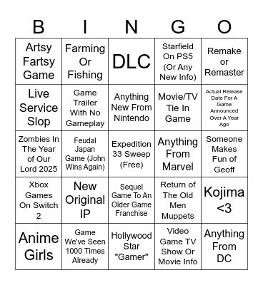 Game Awards 2025 Bingo Card