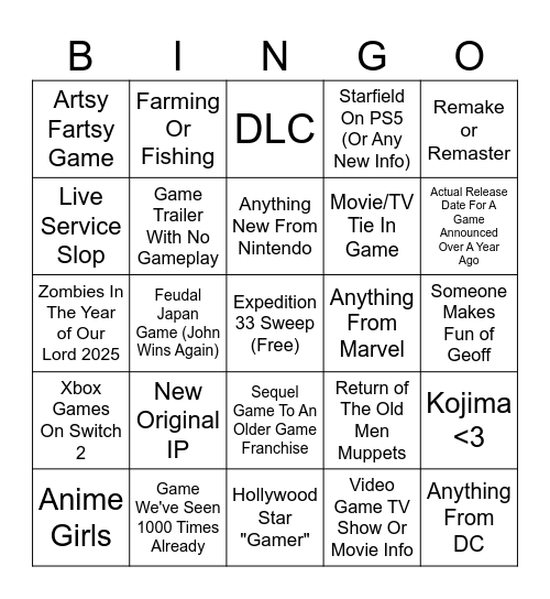 Game Awards 2025 Bingo Card