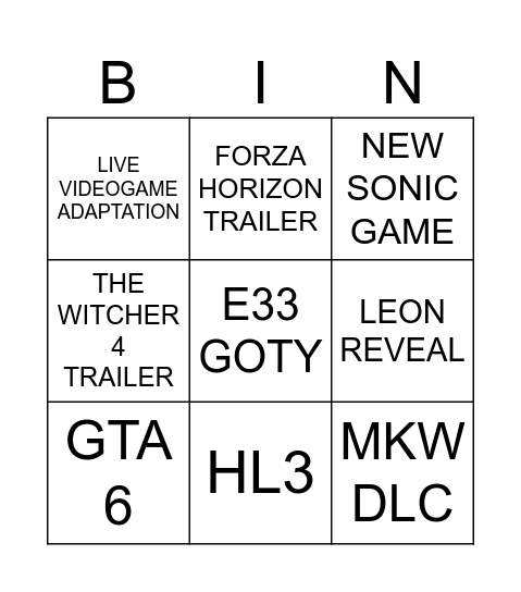 GOTY BINGO Card