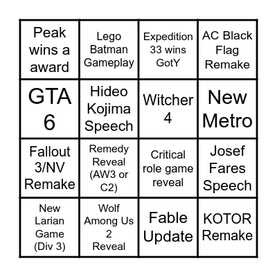 Game Awards Bingo Card