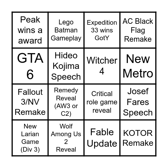 Game Awards Bingo Card