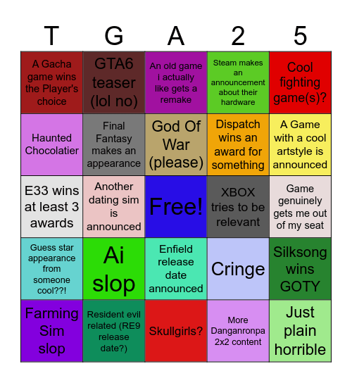 Game Awards 2025 Bingo Card