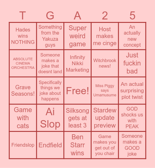 TGA25 Bingo Card