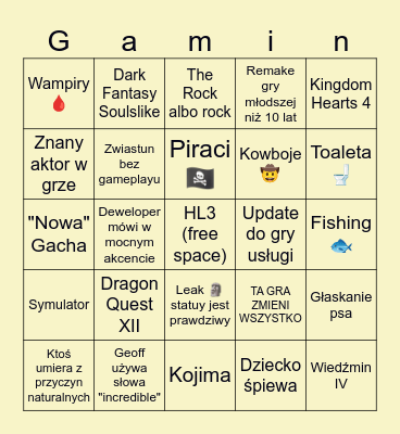 Gabe Awards Bingo Card