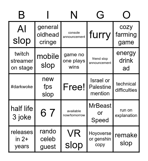 Game Awards Bingo Card