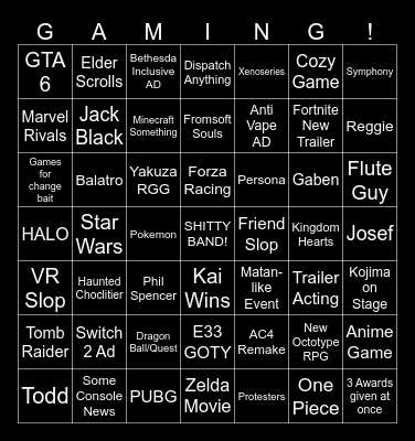Game Awards Bingo Card