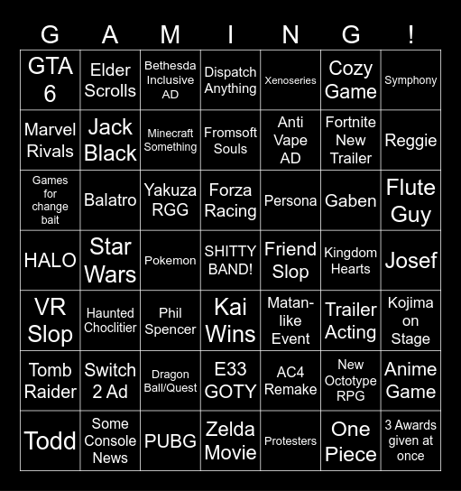 Game Awards Bingo Card