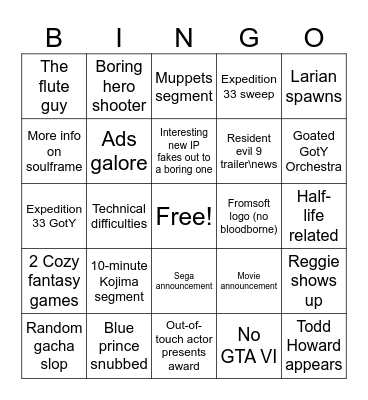 The Game Awards Bingo Card