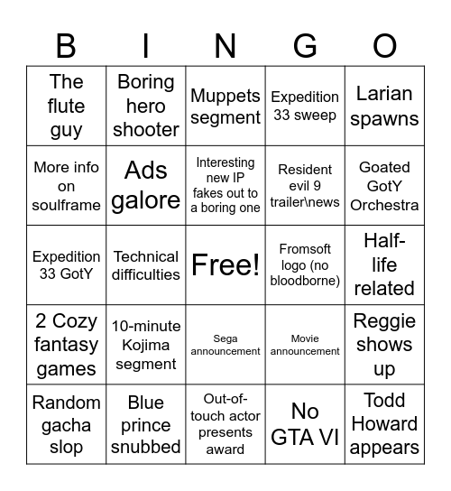 The Game Awards Bingo Card