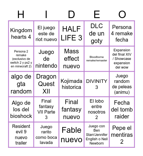 Bingo de los Game Awards Bingo Card