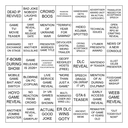 The Game Award Bingo Card